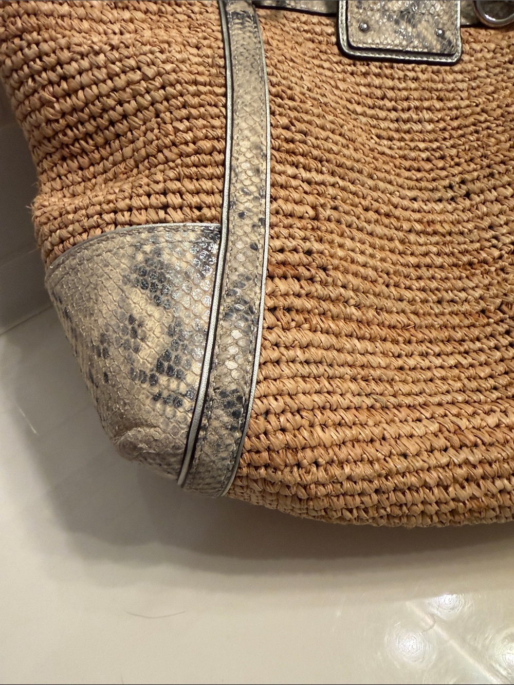Coach Woven Straw Tote with Snake-Print Trim - Beige - Picture 9 of 11